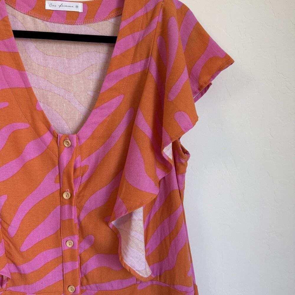 Hot Pink & Orange Zebra Animal Print Linen Blend Romper Artsy Resort Wear Medium - Picture 6 of 9